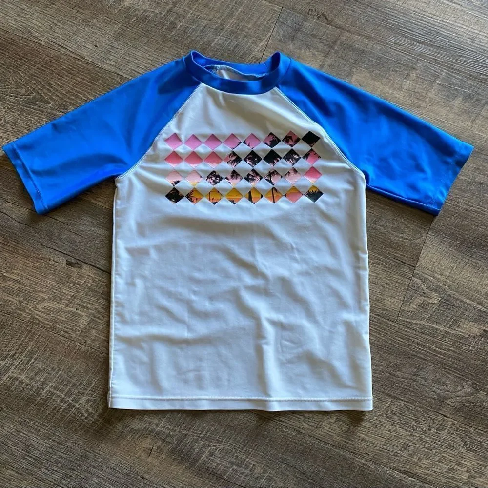 Rash Guard Swimming Shirt Boys Medium White Blue Tropical Swim